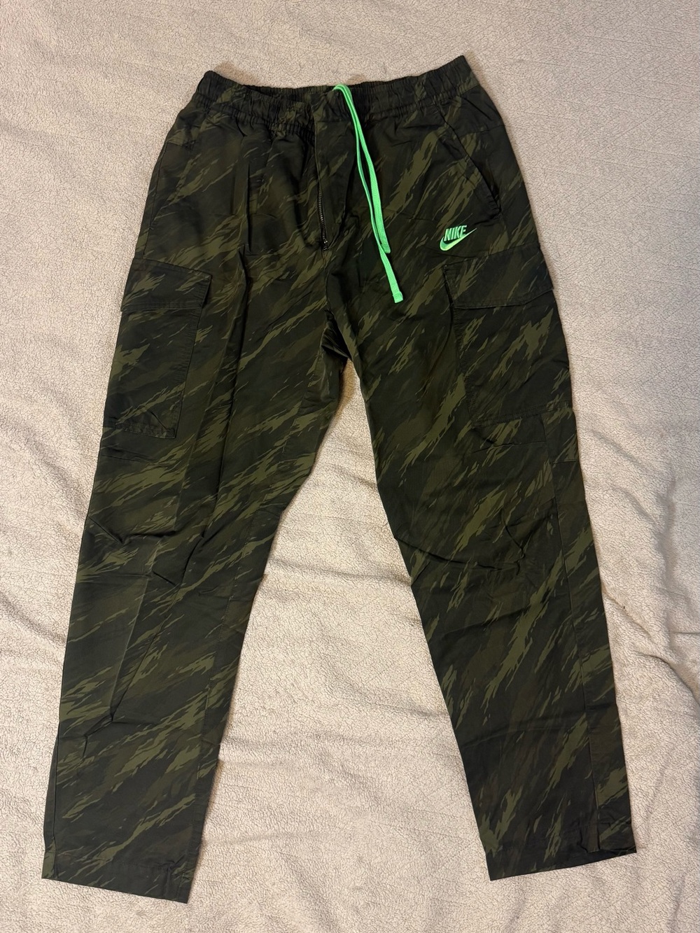 Nike Men's Olive Green Camo Cargo Pants with Neon Green Accents